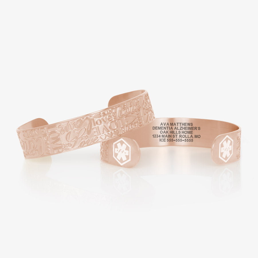 Rose gold medical alert cuffs with love and hearts stacked on top of each other