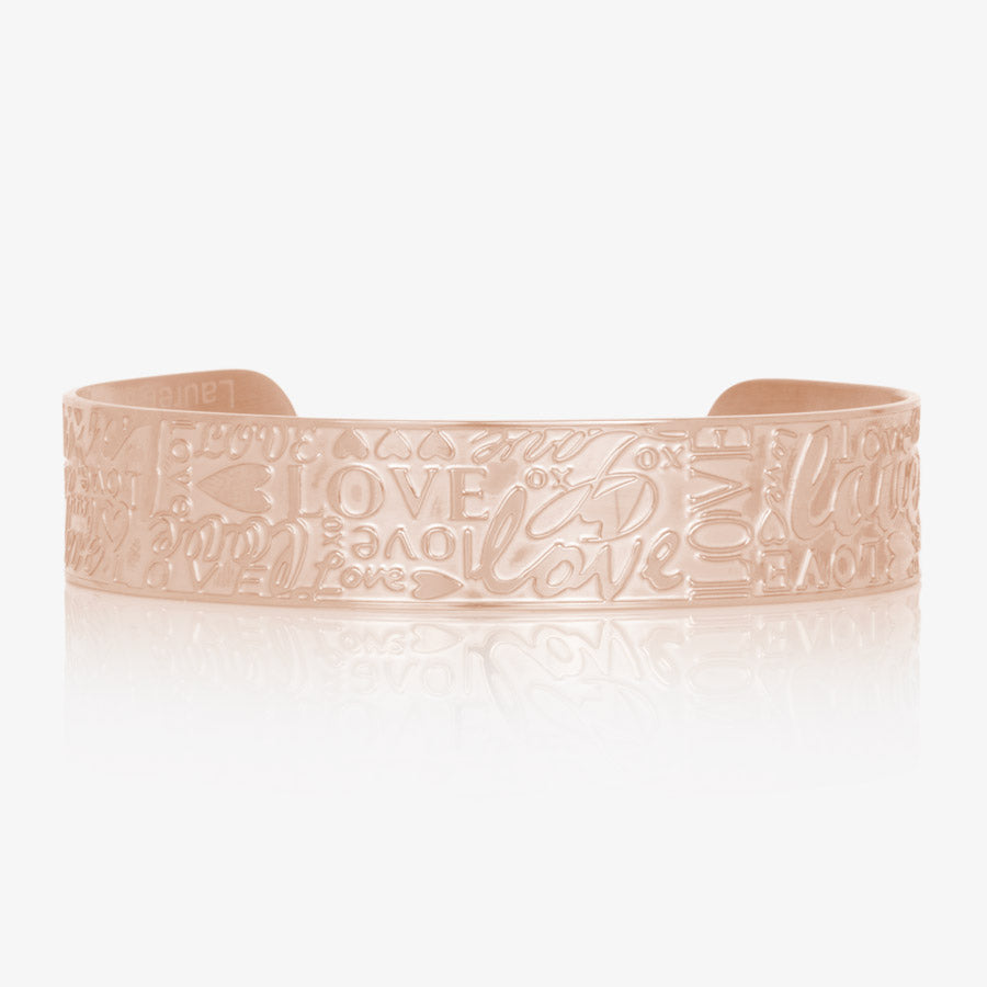 Back of rose gold medical ID cuff bracelet with embossed hearts and love