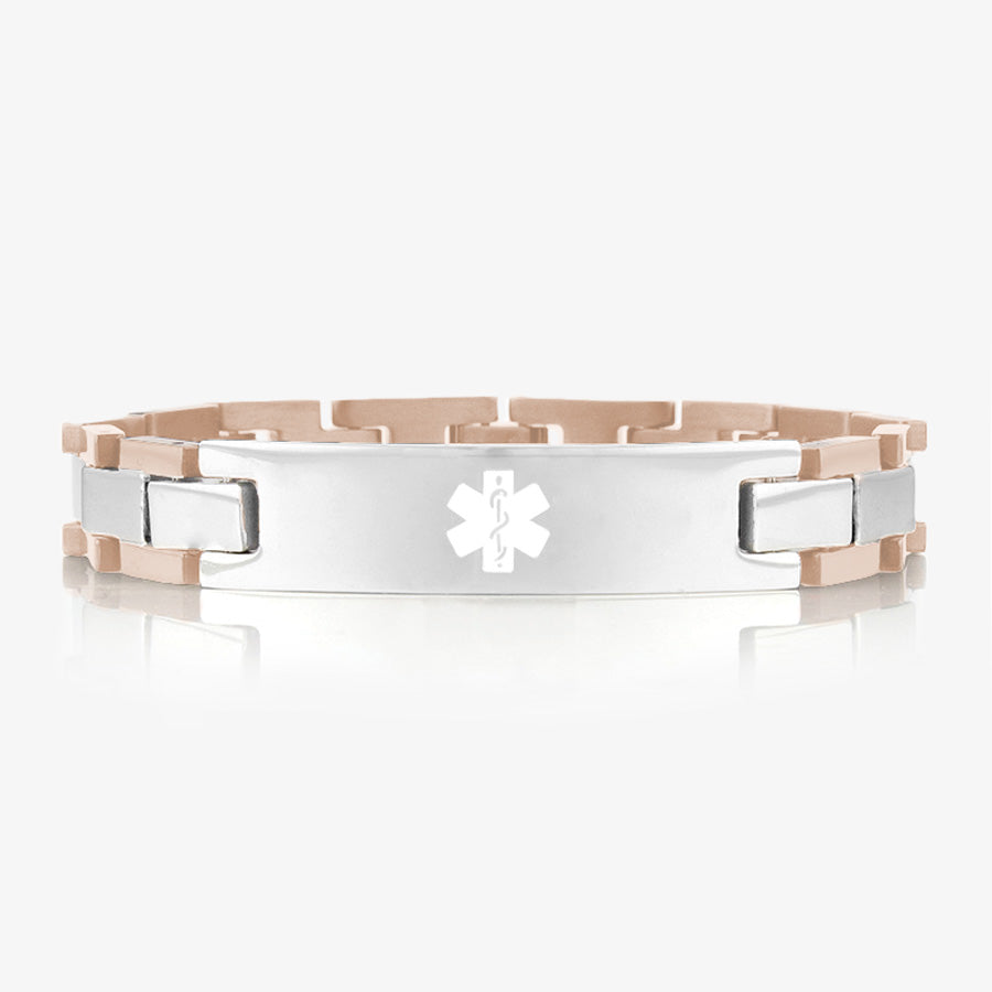 Rose gold and stainless steel linked bracelet with a white medical symbol.