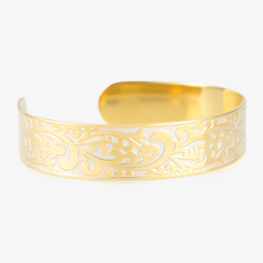 Front of Golden Filigree Medical ID Cuff. Stainless yellow gold tone filigree with pearlescent finish. On white background