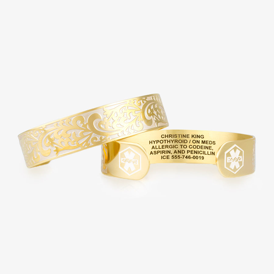 Gold tone medical alert cuff with floral swirls and premium laser custom engraving