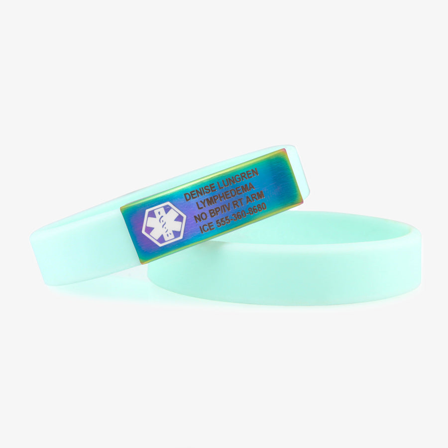 Sky blue silicone activewear medical ID bands with magic finish tag