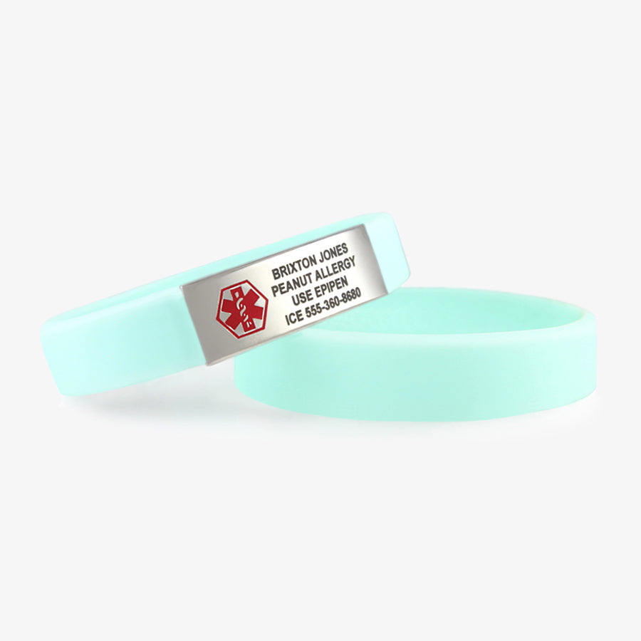 Sky blue silicone bands that pair with our activewear slim medical ID tag