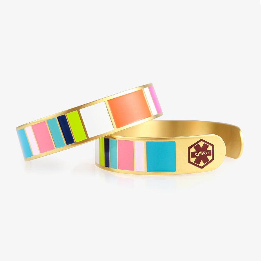 Colorful medical ID cuff bracelet with gold and tropical color accents