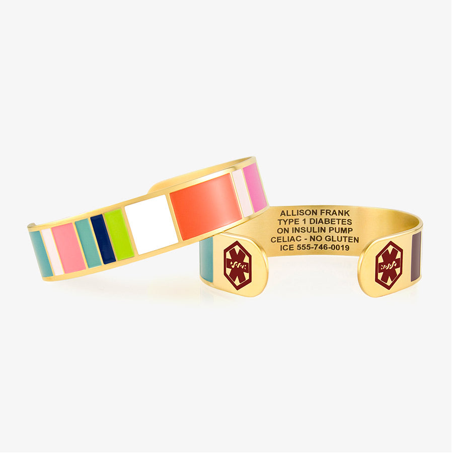 Colorful medical ID cuff bracelet with gold and tropical color accents with custom engraving