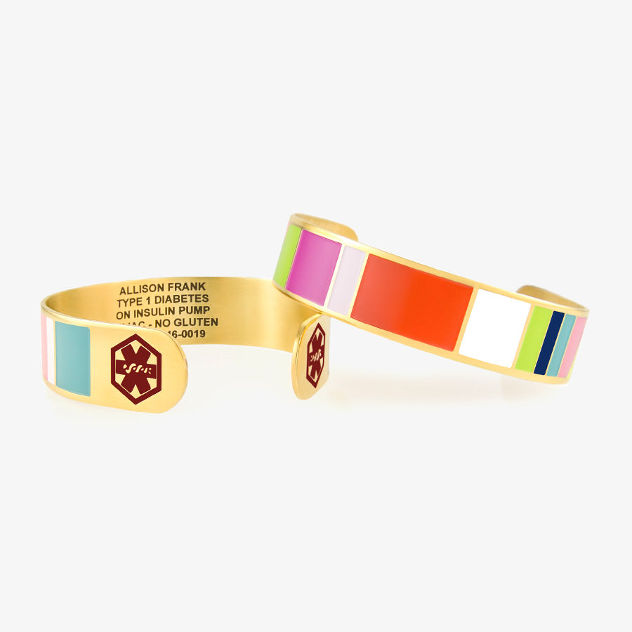 Colorful medical ID cuff bracelet with gold and tropical color accents with custom engraving