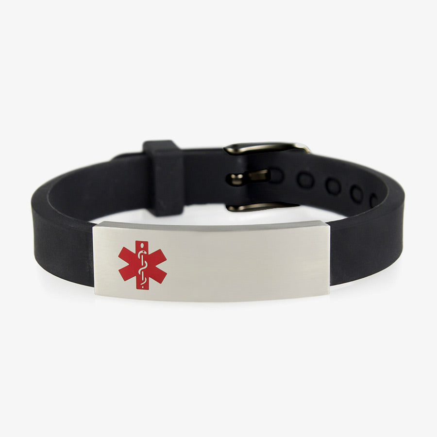 Adjustable black silicone band with belt buckle closure holds a stainless ID tag with red caduceus symbol and black buckle clasp