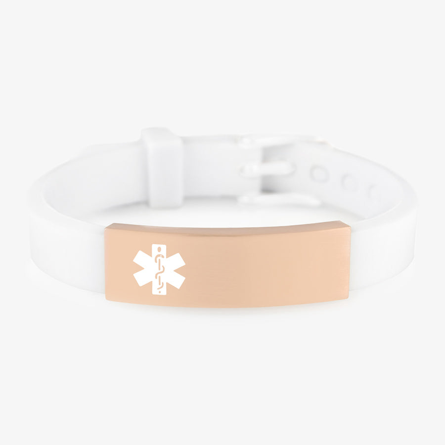 Rose gold and white silicone medical ID bracelet with white watch style clasp