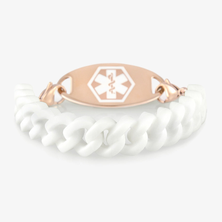 Game, Set Match Medical ID Bracelet. White link-style silicone band, stainless lobster clasps, rose med ID tag white caduceus