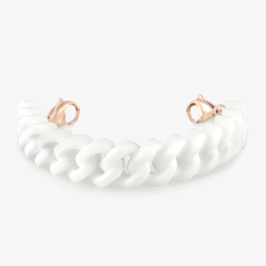 White silicone band used on Game, Set Match Medical ID Bracelet, with rose tone stainless lobster clasps