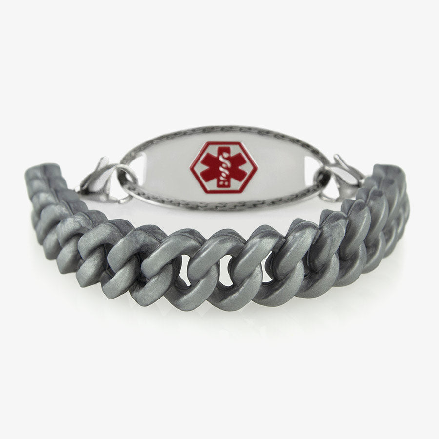 Silver silicone Medical ID Bracelet with red medical ID symbol with silver lobster clasps