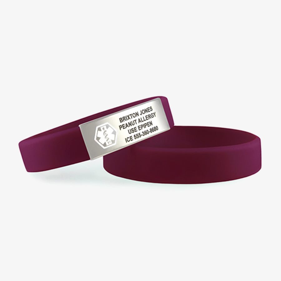 Grape purple silicone medical alert band with medical ID tag and white caduceus symbol