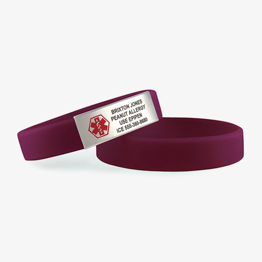 Grape purple silicone medical alert band with medical ID tag and red caduceus symbol