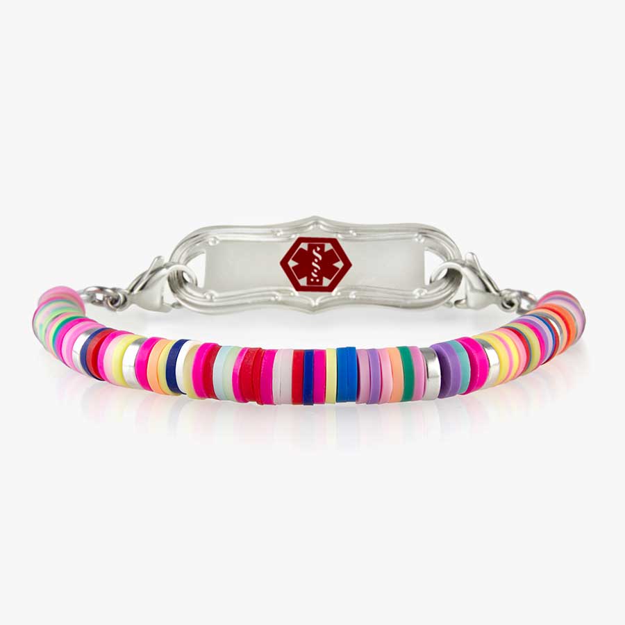 Cute girls' medical ID bracelet with multicolored disc beads in pink, purple, blue, yellow and green.