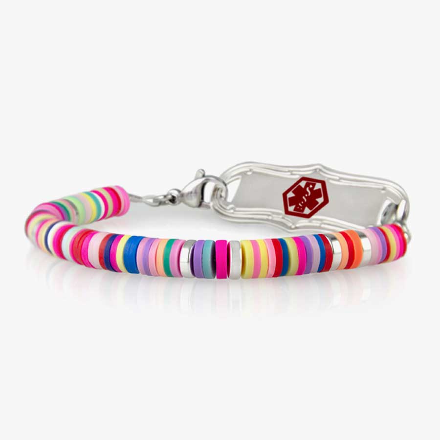 Medical ID bracelet for little girls that has multicolored disc beads