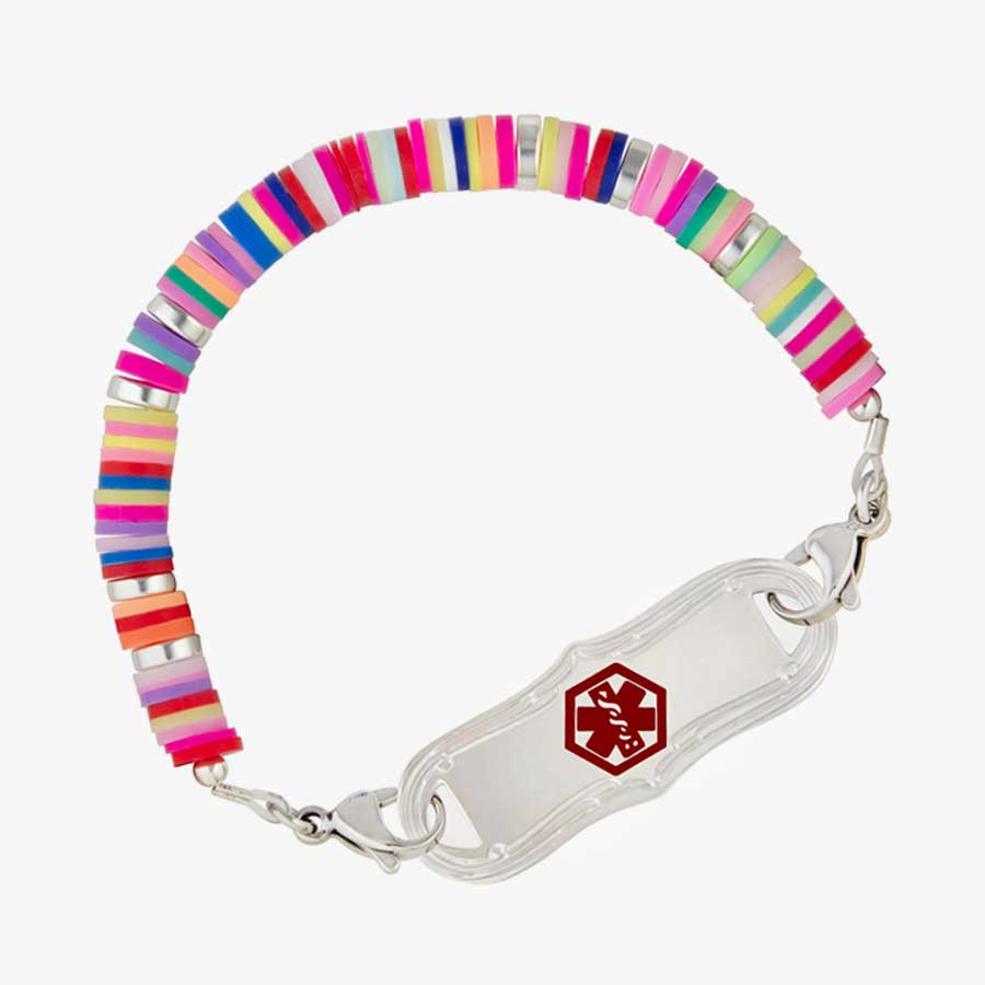 Beaded medical ID bracelet for girls with multicolored disc beads and silver lobster clasps