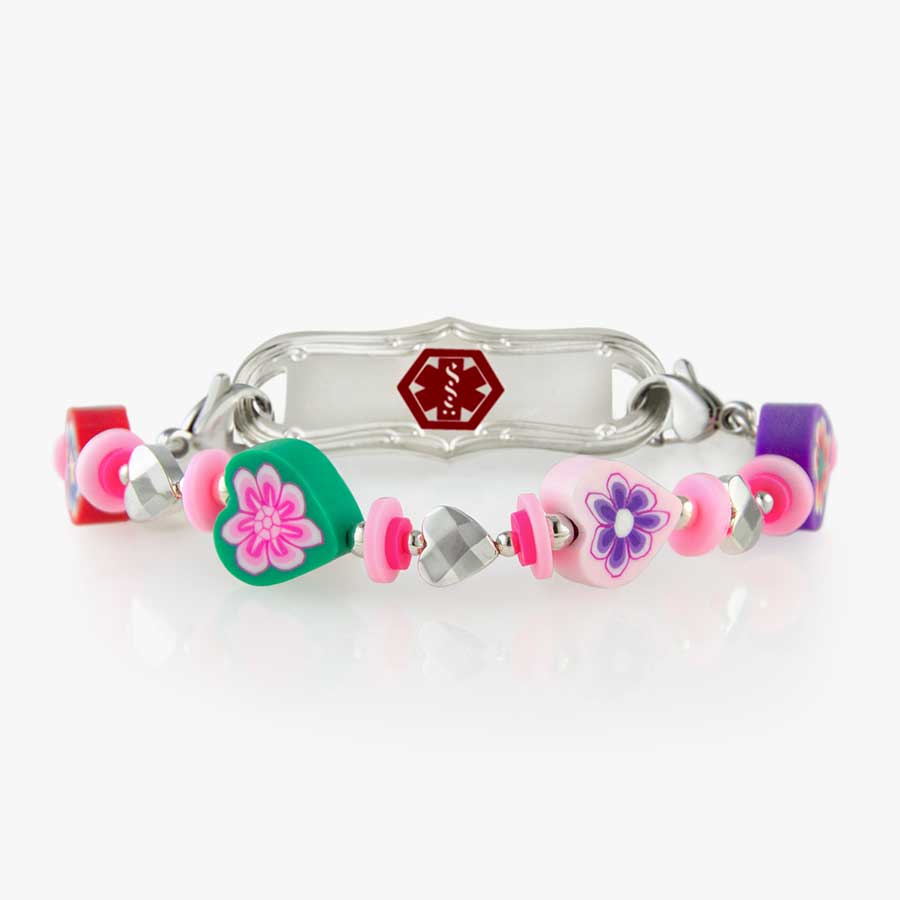 Cute girls medical ID bracelet with colorful flower beads and decorative medical ID tag