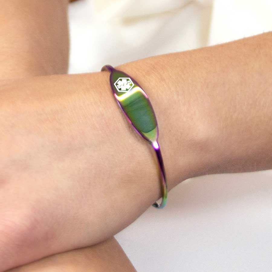 Woman wearing magic finish medical alert micro cuff bracelet