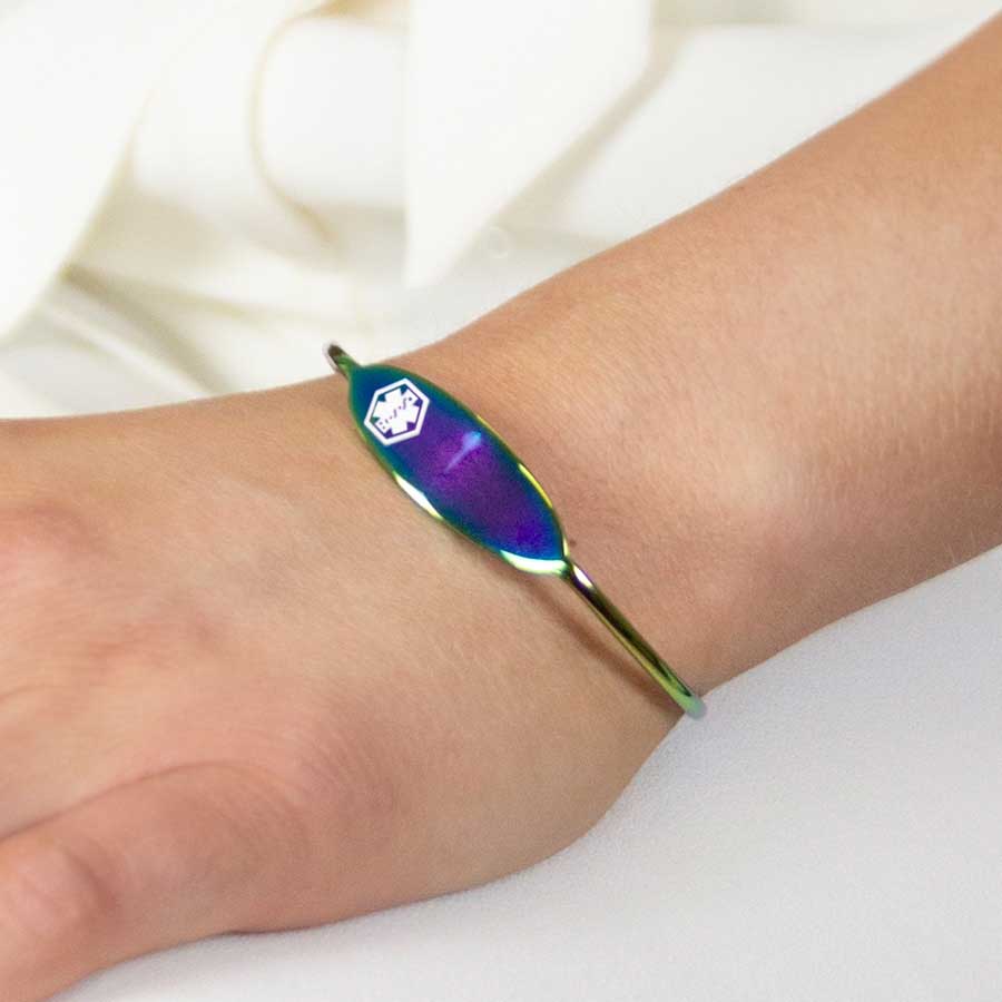 Woman wearing magic finish medical alert micro cuff bracelet