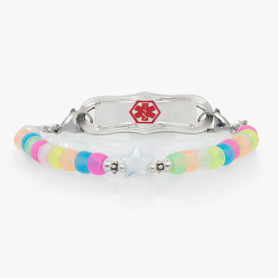 Girls' medical ID bracelet with rainbow colored beads, star-shaped bead in the middle, and silver ID tag with red symbol.