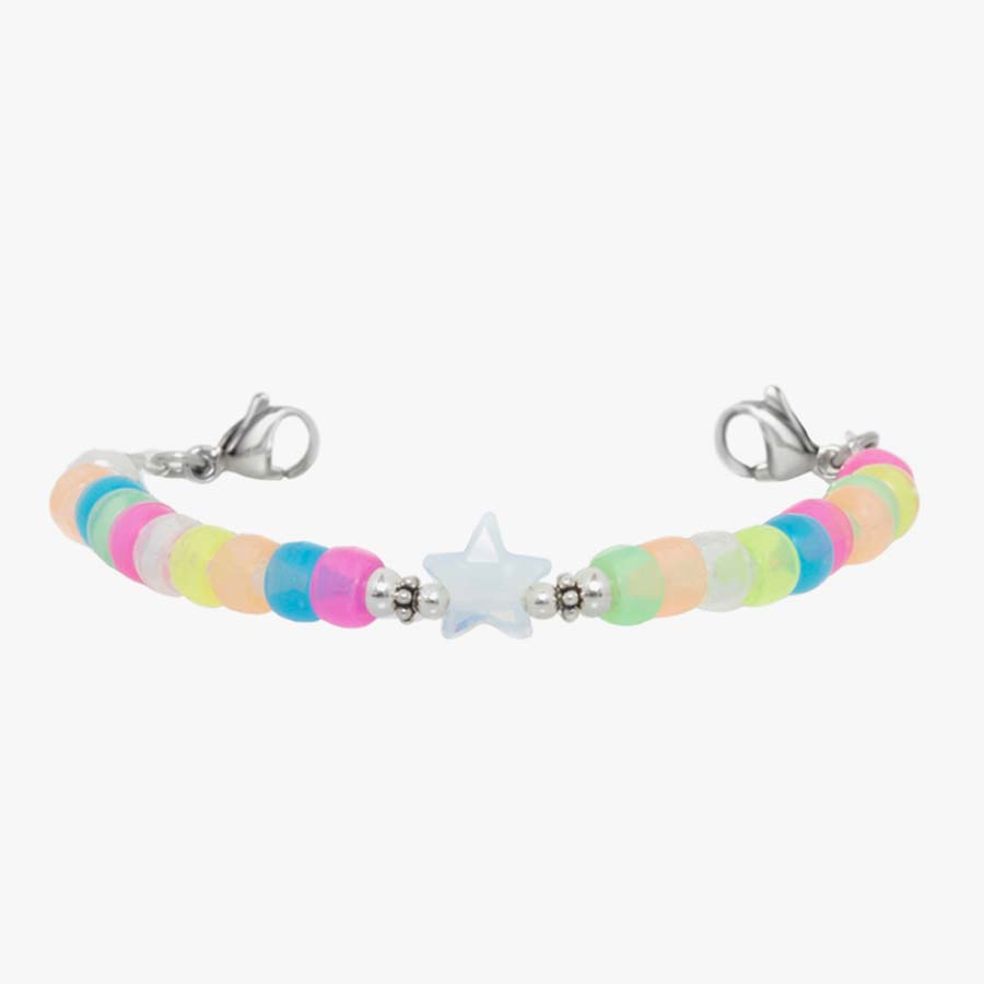 Cute beaded medical ID stretch bracelet for girls with rainbow colored beads and silver lobster clasps.