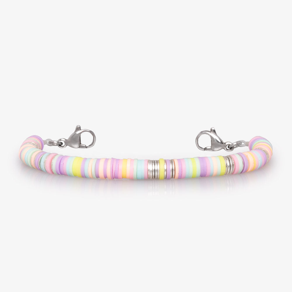 Cute girls' medical ID bracelet with multicolored pastel disc beads in pink, purple, blue, yellow and green. 