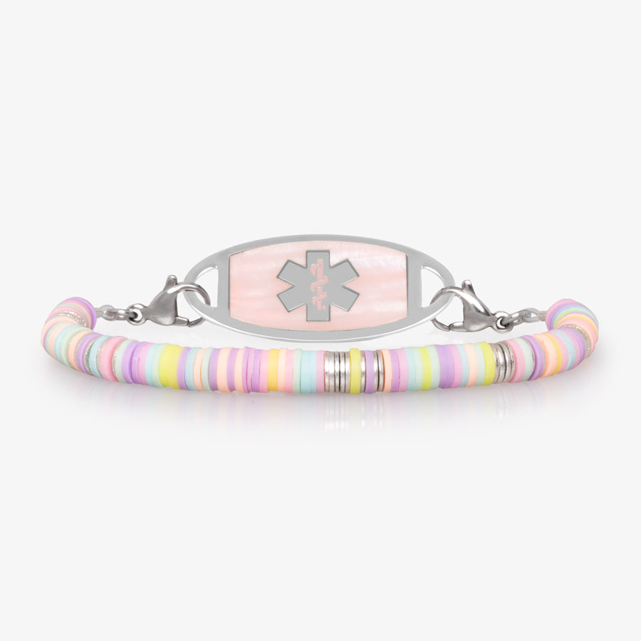 Cute girls' medical ID bracelet with multicolored pastel disc beads in pink, purple, blue, yellow and green.