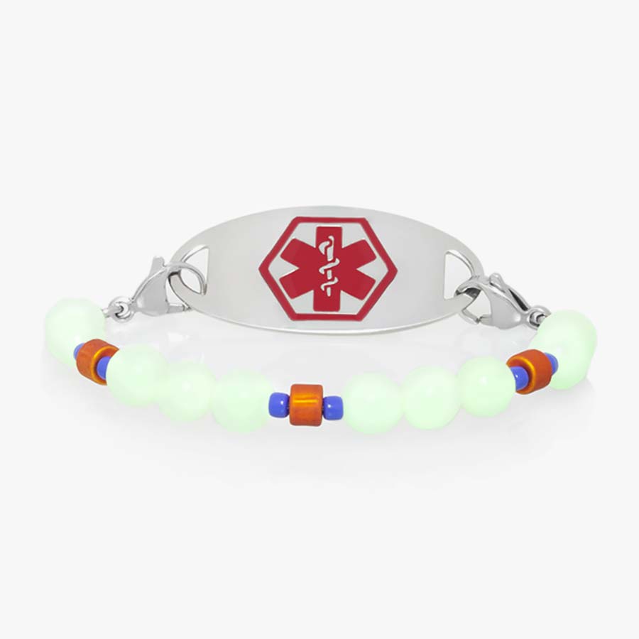 Cool medical ID stretch bracelet for boys with round glow-in-the-dark beads.