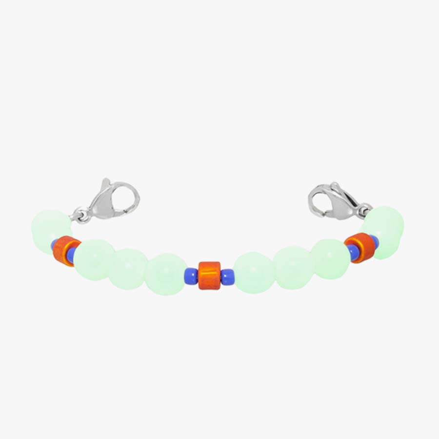 Beaded medical ID stretch bracelet for boys with glow-in-the-dark beads, orange and blue beads, and silver lobster clasps.