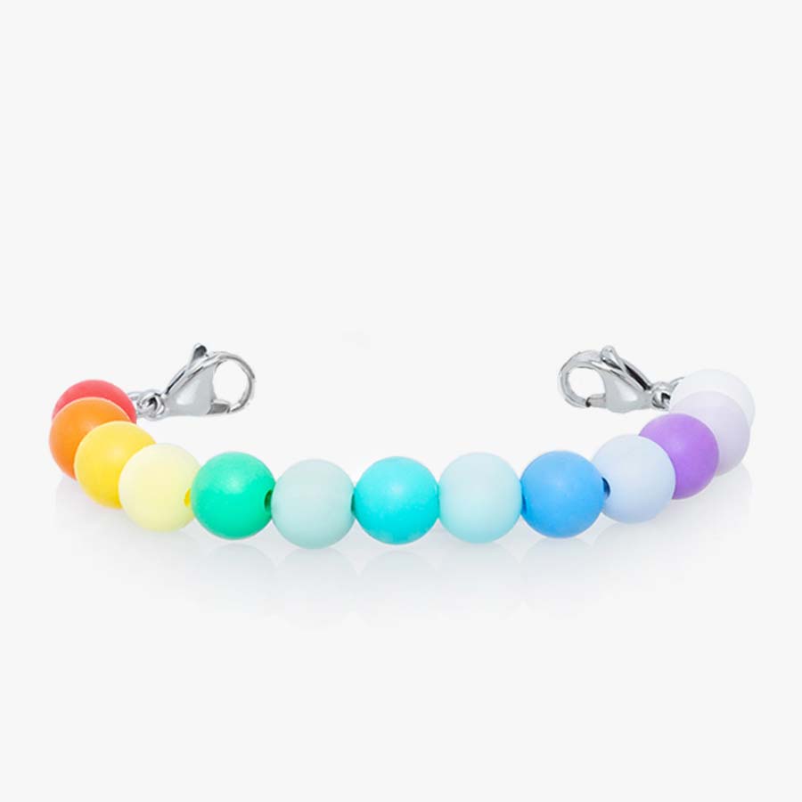 Beaded medical ID bracelet for girls with rainbow colored silicone beads and silver lobster clasps.