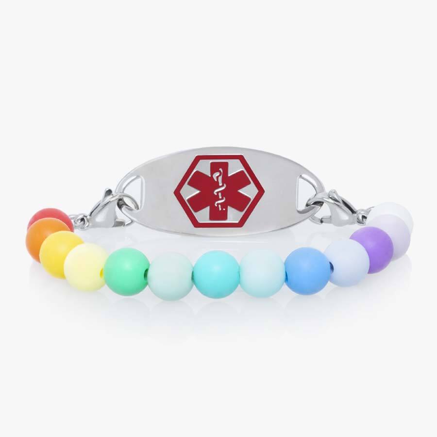 Little girls' medical ID bracelet with rainbow silicone beads and medical ID tag with red medical symbol