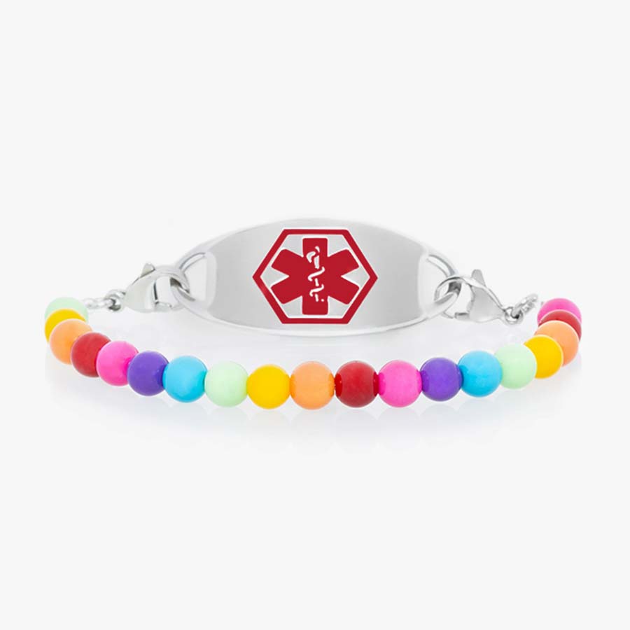 Rainbow colored beaded medical ID stretch bracelet for little girls with red caduceus medical alert tag.