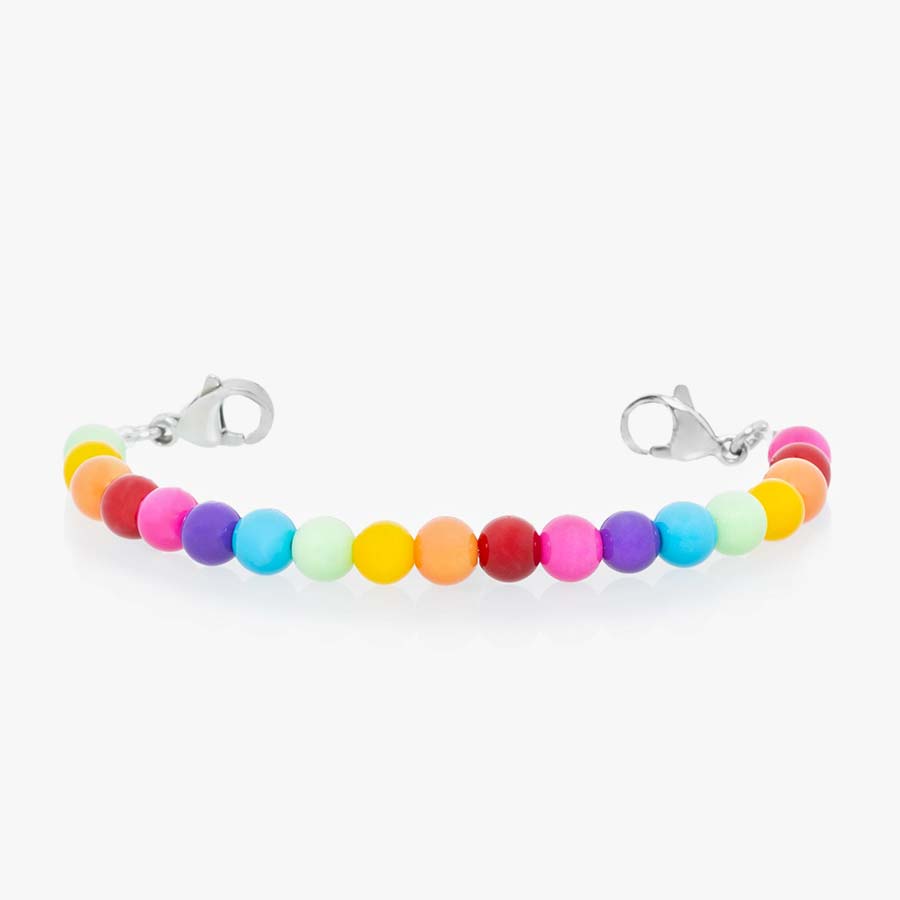 Beaded stretch medical alert bracelet with vibrant rainbow colored beads and silver lobster clasps.