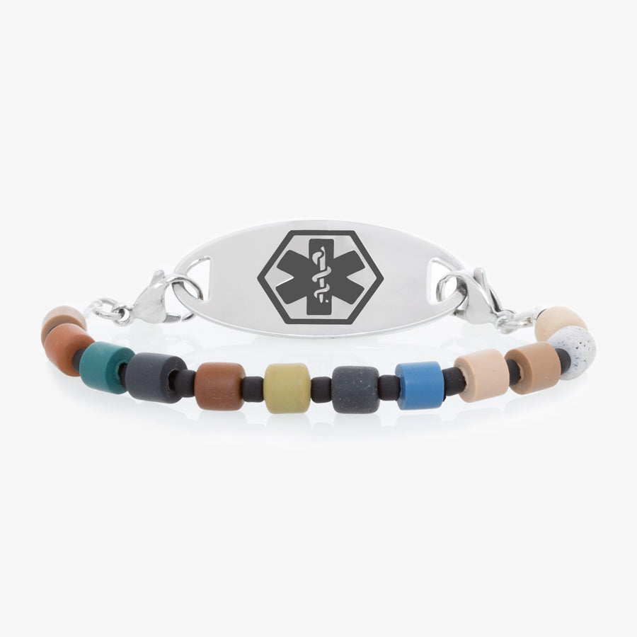 Boys' medical ID stretch bracelet with polymer clay tube beads in a fun blend of earthy colors. 