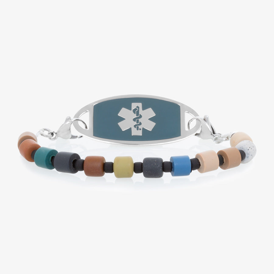 Boys&#39; medical ID stretch bracelet with polymer clay tube beads in a fun blend of earthy colors. 