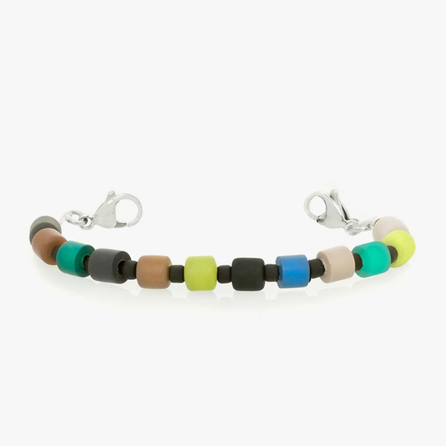 Beaded medical ID bracelet for boys with multicolored polymer clay tube beads and silver lobster clasps.