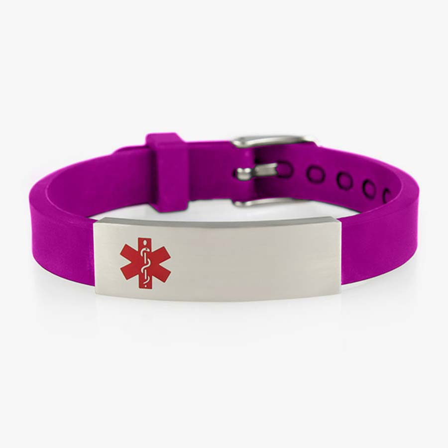 Fuchsia silicone band with watch-style closure and silver tone stainless Medical ID tag with red caduceus. Engraving inside tag.