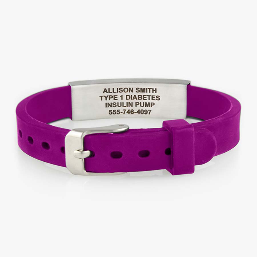 Fuchsia silicone alert bracelet with watch style closure and silver medical alert tag.