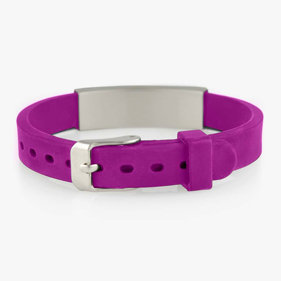 Fuchsia silicone alert bracelet with watch style closure and silver medical alert tag.