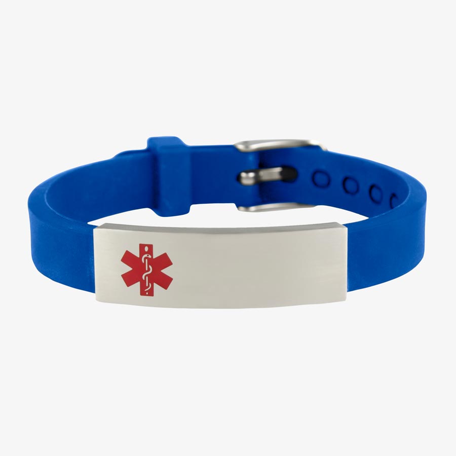 Royal blue silicone band with watch-style closure and silver tone stainless Medical ID tag with red caduceus. Engraving inside tag.