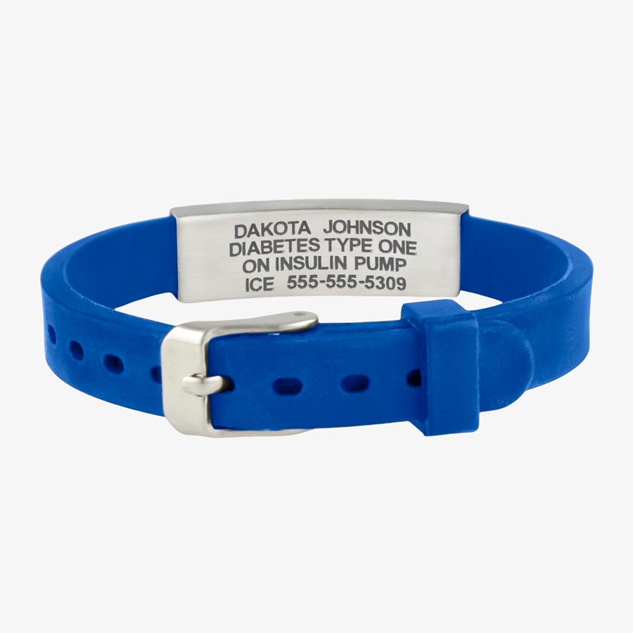 Royal blue silicone alert bracelet with watch style closure and silver medical alert tag.