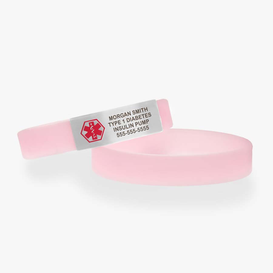 Glow-in-the-dark soft pink silicone slip-on bracelet with silver tone stainless medical alert tag with custom engraving and red caduceus.