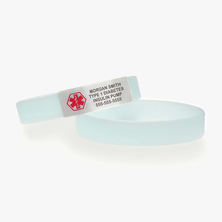 Glow-in-the-dark soft blue silicone slip-on bracelet with silver tone stainless medical alert tag with custom engraving and red caduceus.