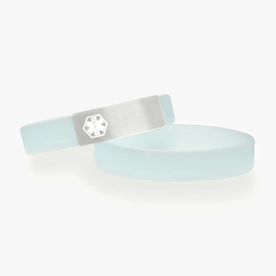 Glow-in-the-dark soft blue slip-on silicone bracelet with silver tone stainless medical alert tag with white caduceus.