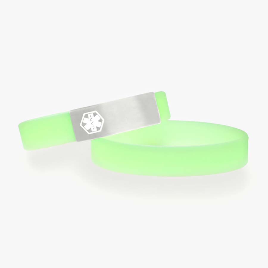 Green glow-in-the-dark slip-on silicone alert bracelet with silver tone stainless medical alert tag with white caduceus.