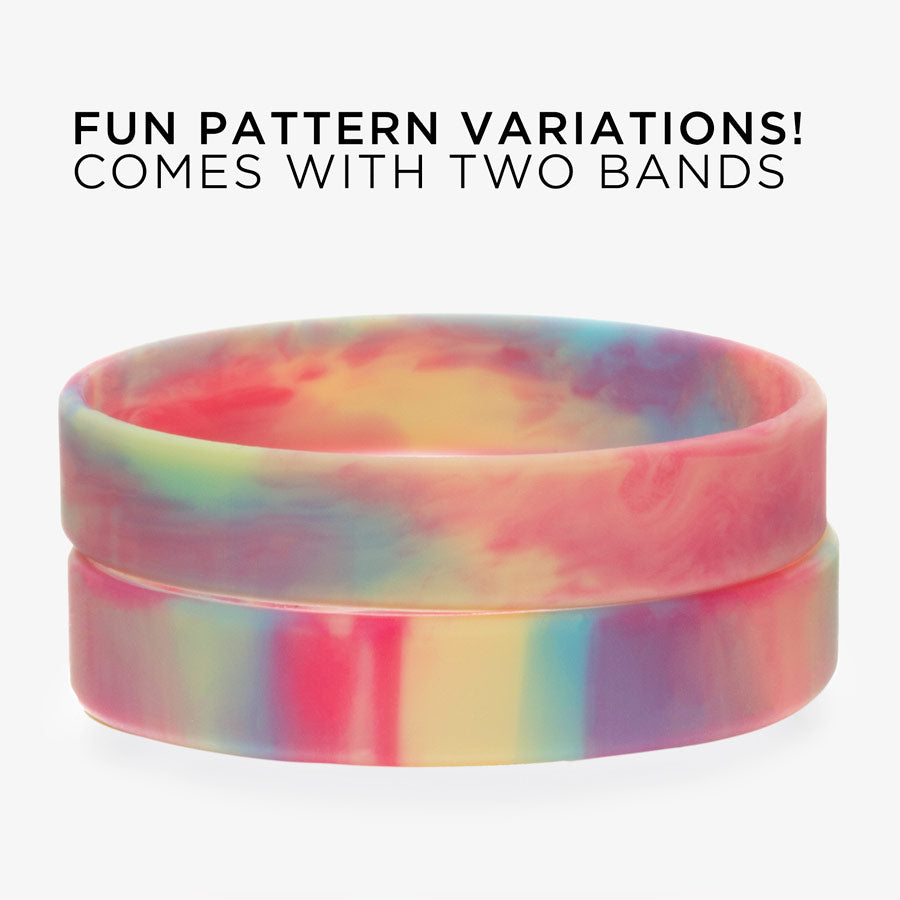 Stack of three tie dye activewear sport bracelets to show variation in pattern. 