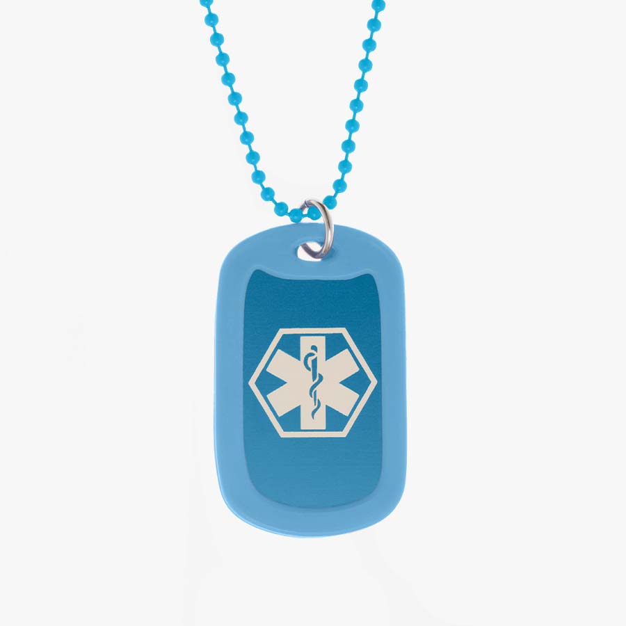 Sky blue aluminum dog tag with white medical symbol and coordinating silicone silencer on matching stainless steel ball chain.