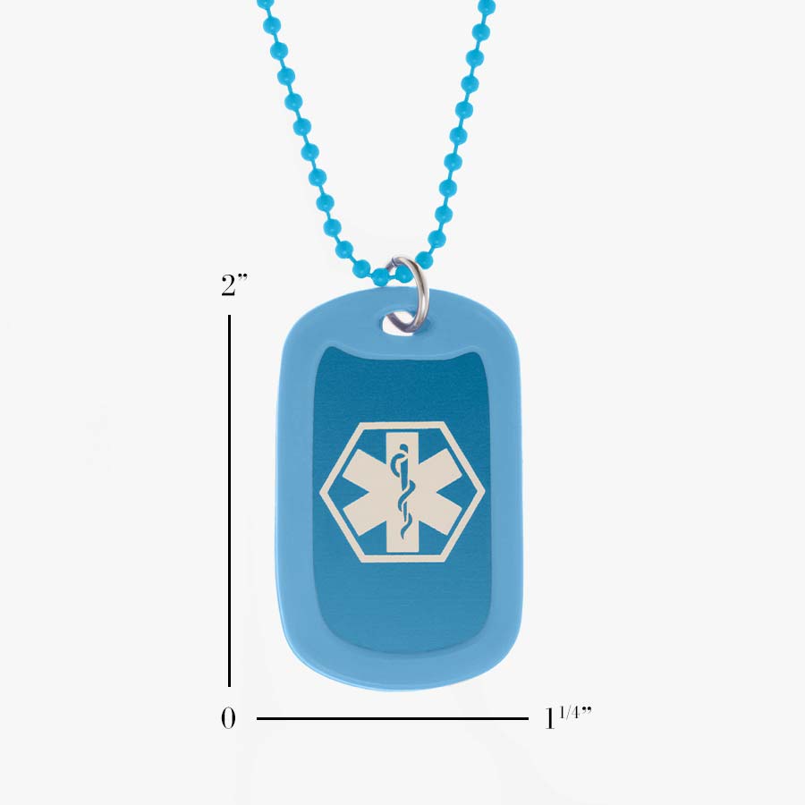 Sky blue Medical ID Dog Tag Necklace. Scale of 1.25” x 2” sky blue aluminum dog tag with white caduceus, silencer, 24-inch chain.