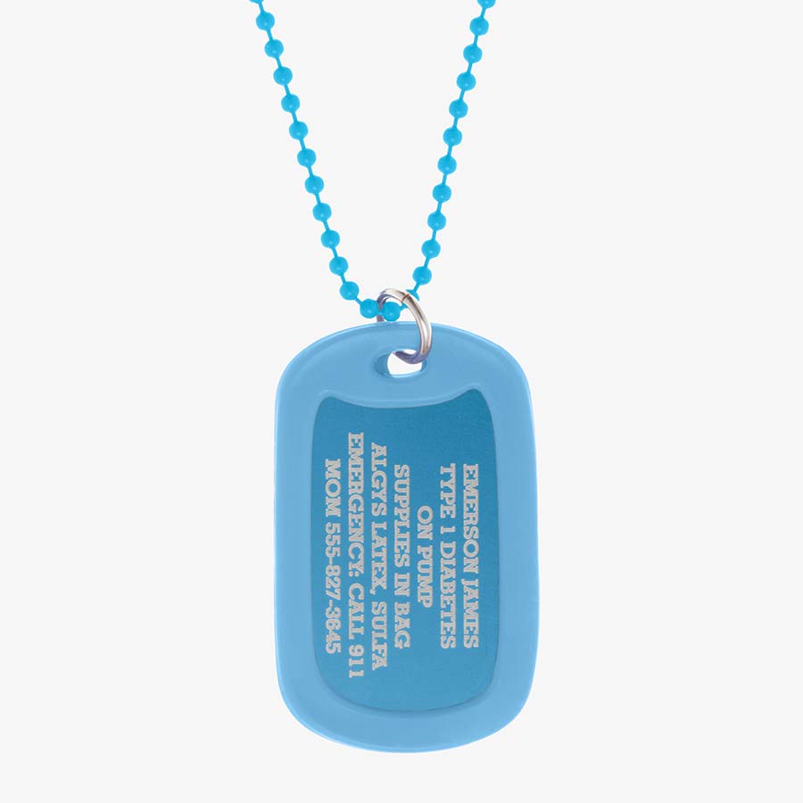 Sky blue aluminum dog tag with engraving example and coordinating silicone silencer on matching stainless steel ball chain.