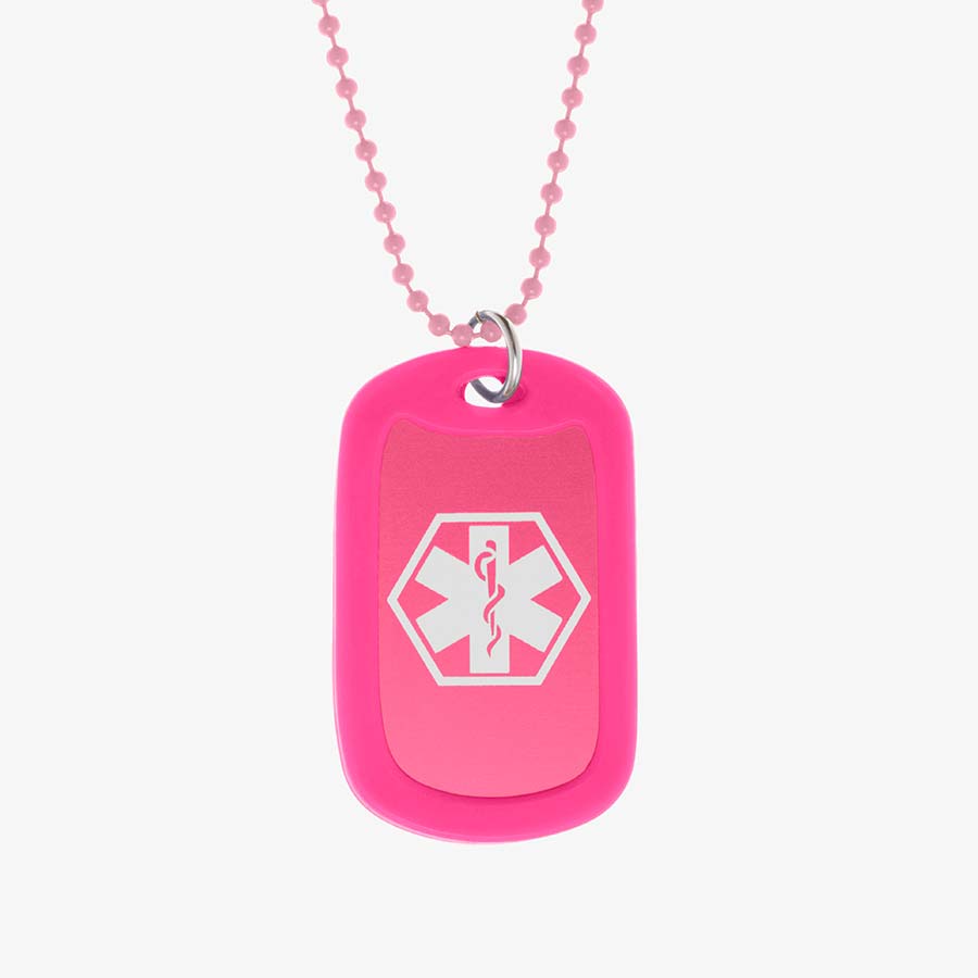 Bright pink aluminum dog tag with white medical symbol and coordinating silicone silencer on matching stainless steel ball chain.